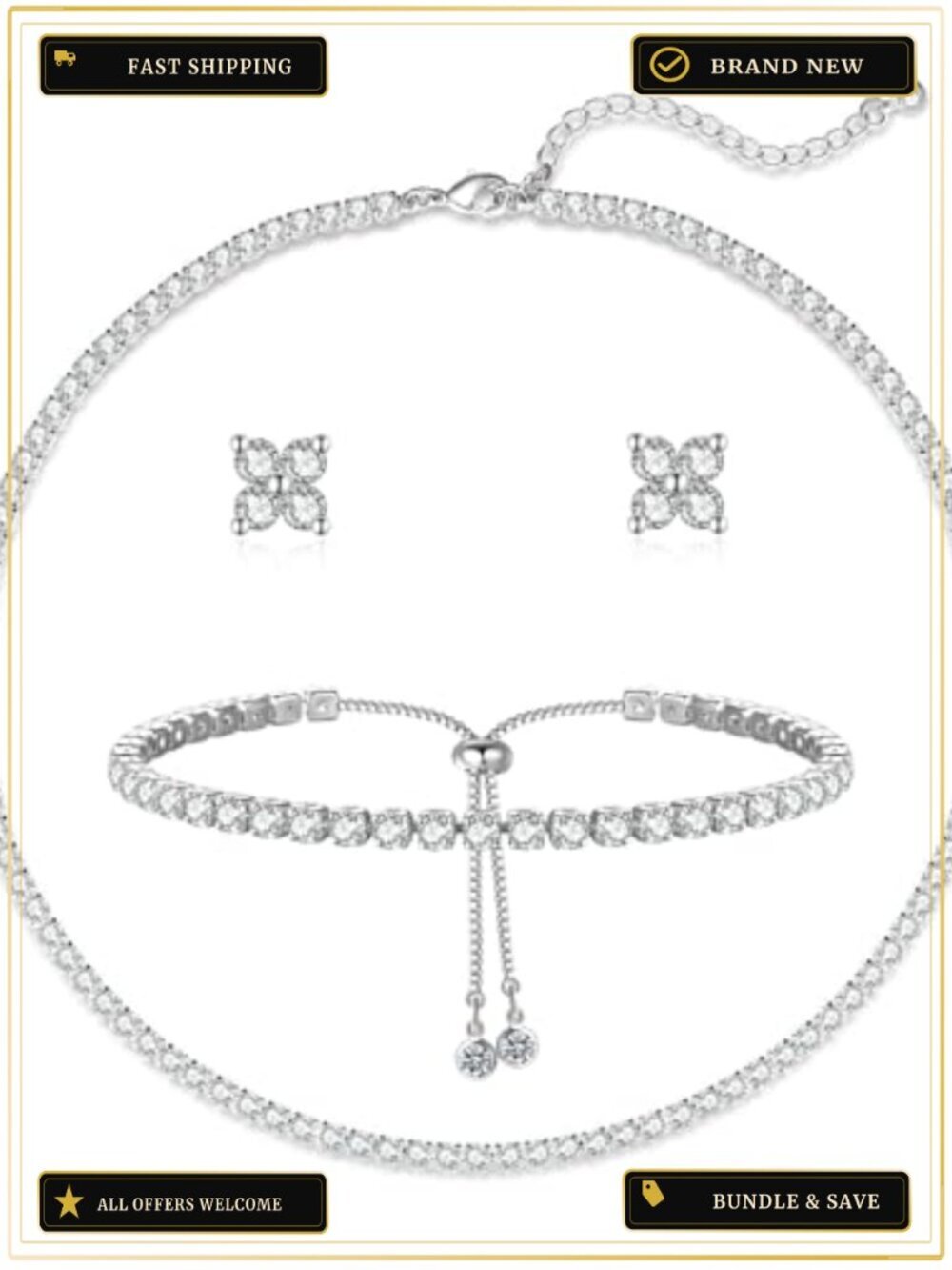 Silver Plated Tennis Necklace Bracelet Earring Set Wedding Bridal Jewelry